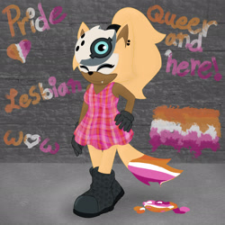 Size: 2048x2048 | Tagged: safe, artist:jj-exe, whisper the wolf, alternate outfit, boots, dress, ear piercing, earring, english text, eyes closed, gloves, hand on hip, lesbian, lesbian pride, one fang, paint, pride, smile, solo, standing