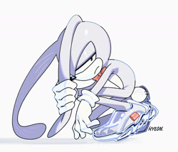 Size: 2000x1713 | Tagged: safe, artist:hyeon_sonic, feels the rabbit, 2024, alternate shoes, frown, holding ear, lidded eyes, looking at viewer, signature, simple background, solo, squatting, white background