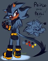 Size: 1200x1520 | Tagged: safe, artist:galacticghoste, oc, oc:peirce the hedgehog, hedgehog, 2024, blue background, boots, character name, chest fluff, ear piercing, earring, eyelashes, fankid, frown, long tail, looking back, magical gay spawn, neck fluff, oc only, parent:shadow, parent:sonic, parents:sonadow, red eyes, simple background, solo, standing