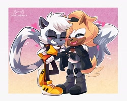 Size: 2048x1638 | Tagged: safe, artist:lou_lubally, tangle the lemur, whisper the wolf, 2021, abstract background, arm around shoulders, cute, duo, eyes closed, fangs, heart, lesbian, mouth open, outline, shipping, signature, smile, standing, tangabetes, tangle x whisper, whispabetes