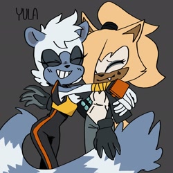 Size: 2048x2048 | Tagged: safe, artist:yulasart, tangle the lemur, whisper the wolf, 2020, blushing, cute, duo, eyes closed, flat colors, grey background, hugging, lesbian, one fang, shipping, signature, simple background, smile, standing, tangle x whisper