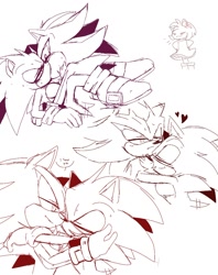 Size: 1000x1261 | Tagged: safe, artist:vurrase, amy rose, shadow the hedgehog, sonic the hedgehog, 2024, angry, cute, dialogue, duo focus, english text, eyes closed, frown, gay, heart, holding each other, hugging, kiss, kissing in front of crush, lidded eyes, making out, shadow x sonic, shipping, simple background, smile, speech bubble, top surgery scars, trans male, transgender, trio, wagging tail, white background