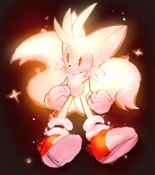 Size: 905x1024 | Tagged: safe, artist:usa37107692, miles "tails" prower, super tails, black background, blushing, clenched fists, looking offscreen, simple background, solo, sparkles, super form