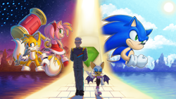 Size: 3840x2160 | Tagged: safe, artist:nowykowski, amy rose, miles "tails" prower, rouge the bat, sonic the hedgehog, sonic chronicles, abstract background, commander walters, frown, g.u.n. commander, group, piko piko hammer, smile