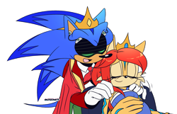 Size: 1507x972 | Tagged: safe, artist:risziarts, sally acorn, sonic the hedgehog, 25/30 years later, au:sonic world travel, blue power pattern, crown, cyan power pattern, king sonic, marriage ring, massage, pregnant, queen sally acorn, roboticized, shipping, sonally, straight