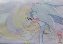 Size: 268x188 | Tagged: safe, artist:mybrosclassy, knuckles the echidna, miles "tails" prower, sonic the hedgehog, blushing, gay, holding each other, low res, shipping, signature, sonic x tails, standing, team sonic, traditional media, trio