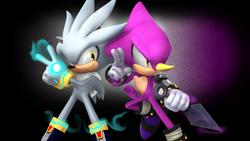 Size: 2048x1152 | Tagged: safe, artist:nibroc-rock, espio the chameleon, silver the hedgehog, 2022, 3d, backwards v sign, duo, frown, holding something, kunai knife, looking at viewer, looking offscreen, smile, standing, wallpaper