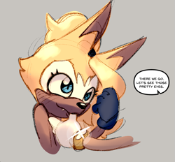 Size: 885x823 | Tagged: safe, artist:nic_os, amy rose, whisper the wolf, blushing, cute, dialogue, disembodied arm, duo, english text, finger in mouth, grey background, lesbian, looking offscreen, offscreen character, one fang, shine, shipping, simple background, smile, solo focus, speech bubble, whispamy