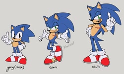 Size: 1146x686 | Tagged: safe, artist:scourgefrontier, sonic the hedgehog, 2024, adult, age progression, chipped ear, classic sonic, english text, grey background, lidded eyes, looking at viewer, pointing, self paradox, shrugging, signature, simple background, smile, standing, teenager, top surgery scars, trans male, transgender, trio