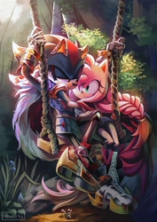 Size: 2896x4096 | Tagged: safe, artist:iubworks, amy rose, shadow the hedgehog, 2024, alternate universe, commission, day, duo, outdoors, shadamy, straight, swing