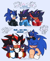 Size: 1440x1759 | Tagged: safe, artist:angelraposaofc, shadow the hedgehog, sonic the hedgehog, oc, hedgehog, 2024, blue background, blushing, carrying them, cute, dialogue, english text, family, fankid, father and child, gay, group, hugging, magical gay spawn, parent:shadow, parent:sonic, parents:sonadow, shadow x sonic, shipping, signature, simple background, sitting, standing, sweatdrop, thought bubble