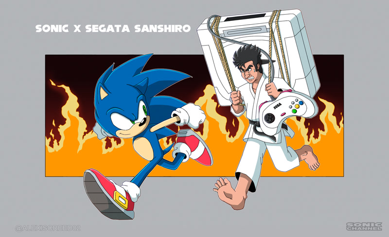 Size: 2560x1564 | Tagged: safe, artist:alexiscreed02, sonic the hedgehog, hedgehog, human, 2024, controller, duo, english text, featured image, fire, grey background, running, sega saturn, segata sanshiro, style emulation, treads, uekawa style, video game console