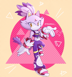 Size: 615x655 | Tagged: safe, artist:emistations, blaze the cat, geometric background, looking offscreen, riders outfit, signature