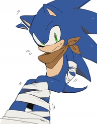 Size: 1532x1965 | Tagged: safe, artist:roastedgarlics2, sonic the hedgehog, 2024, ear flop, frown, hands behind back, looking at viewer, simple background, sitting, solo, sonic boom (tv), sweatdrop, white background