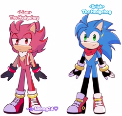 Size: 2048x1941 | Tagged: safe, artist:nekitogame67025, oc, oc:erick the hedgehog, oc:liam the hedgehog, hedgehog, 2024, bandana, character name, chest fluff, clothes, duo, ear piercing, earring, fankid, frown, jacket, lidded eyes, looking at viewer, magical gay spawn, parent:amy, parent:shadow, parent:sonic, parent:tails, parents:shadamy, parents:sontails, signature, simple background, smile, standing, stockings, white background