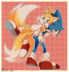 Size: 1978x2048 | Tagged: safe, artist:q__sci, miles "tails" prower, sonic the hedgehog, 2024, abstract background, back to back, border, duo, linking arms, looking at each other, outline, signature, smile, standing