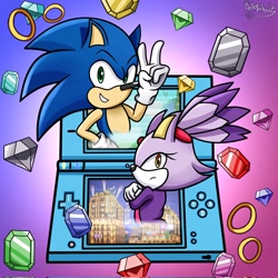 Size: 2048x2048 | Tagged: safe, artist:antonimouz, blaze the cat, sonic the hedgehog, 2024, arms folded, chaos emerald, duo, frown, gradient background, looking at viewer, looking back at viewer, nintendo ds, ring, signature, smile, sol emerald, sonic rush, v sign