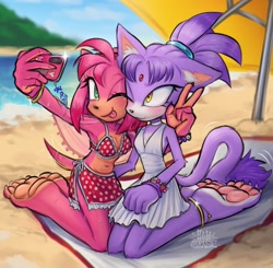 Size: 1634x1600 | Tagged: safe, artist:hidigrade, amy rose, blaze the cat, 2024, abstract background, alternate outfit, amy x blaze, amybetes, barefoot, beach, beach outfit, beach umbrella, bikini, blazebetes, blushing, claws, cute, daytime, duo, ear fluff, holding something, kneeling, lesbian, looking at camera, ocean, outdoors, pawpads, paws, phone, selfie, shipping, signature, smile, tongue out, towel, umbrella, v sign, wink