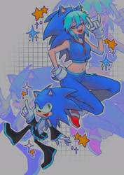 Size: 2480x3508 | Tagged: safe, sonic the hedgehog, 2023, cosplay, crossdressing, crossover, duo, grey background, hatsune miku, star (symbol), vocaloid