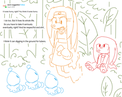 Size: 1110x879 | Tagged: safe, artist:twipsai, knuckles the echidna, tikal, chao, 2024, dialogue, english text, forest, group, line art, looking at each other, looking at them, neutral chao, outdoors, simple background, sitting, standing, tumblr, white background