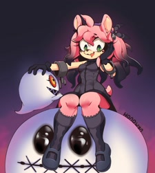 Size: 1798x2000 | Tagged: safe, artist:honowyn, amy rose, boo, boom boo, black dress, boots, cosplay, goth amy, goth outfit, gradient background, hex maniac, purple background