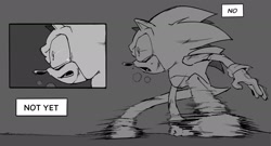 Size: 2048x1105 | Tagged: safe, artist:safetyaccount22, sonic the hedgehog, 2024, english text, grey background, greyscale, monochrome, mouth open, simple background, solo
