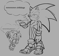 Size: 2895x2736 | Tagged: safe, artist:sodaggs, amy rose, sonic the hedgehog, 2023, chili dog, duo, english text, food, grey background, greyscale, monochrome, shipping denied, simple background, smile, soap shoes, standing, thought bubble