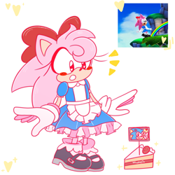 Size: 1280x1280 | Tagged: safe, artist:kestallia, amy rose, sonic the hedgehog, sonic superstars, 2024, alternate outfit, cake, food, implied sonamy, reference inset, simple background, solo, standing, strawberry shortcake (food), white background