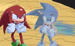 Size: 1620x1000 | Tagged: safe, artist:sen83490, knuckles the echidna, sonic the hedgehog, sonic frontiers, 2024, clenched fists, duo, grin, role swap, smile, standing