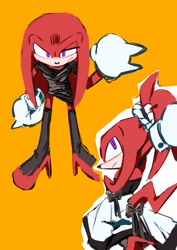 Size: 1240x1754 | Tagged: safe, artist:sen83490, knuckles the echidna, alternate hairstyle, crossdressing, dress, multiple views, orange background, ponytail, simple background, solo, standing