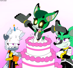 Size: 4095x3792 | Tagged: safe, artist:fartist2020, cassia the pronghorn, clove the pronghorn, tangle the lemur, birthday, cake
