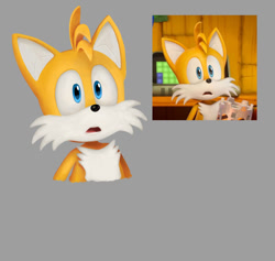 Size: 623x590 | Tagged: safe, artist:snowflake-tb, miles "tails" prower, sonic prime, grey background, lineless, looking offscreen, mouth open, redraw, reference inset, simple background, solo