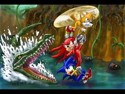 Size: 1024x768 | Tagged: safe, artist:netraptor, knuckles the echidna, miles "tails" prower, sonic the hedgehog, vector the crocodile, alligator, sonic heroes, 2004, abstract background, border, clenched teeth, flying, group, holding hands, holding them, literal animal, looking ahead, looking back, looking behind, looking offscreen, lost jungle, mouth open, signature, spinning tails, splash, team sonic, vine, water