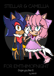 Size: 1240x1754 | Tagged: safe, artist:bymiar, oc, oc:camellia the cat, oc:stellar the hedgehog, cat, hedgehog, black background, camilla x stellar, chromatic aberration, duo, english text, fankid, lesbian, linking arms, magical lesbian spawn, parent:amy, parent:blaze, parent:shadow, parent:sonic, parents:blazamy, parents:sonadow, shipping, signature, simple background, smile, standing