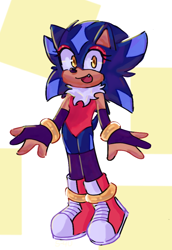 Size: 736x1067 | Tagged: safe, artist:svnnies-4u, oc, oc:stellar the hedgehog, hedgehog, abstract background, cute, fankid, looking at viewer, mouth open, oc only, ocbetes, one fang, parent:shadow, parent:sonic, parents:sonadow, solo, standing