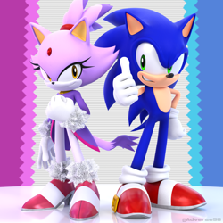 Size: 2160x2160 | Tagged: safe, artist:adverse56, blaze the cat, sonic the hedgehog, 2024, 3d, blender (medium), duo, smile, sonic rush, standing, thumbs up