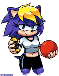 Size: 868x1110 | Tagged: safe, artist:waniramirez, bernadette hedgehog, ball, bottle, energy drink, workout outfit