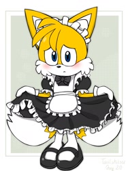 Size: 1344x1792 | Tagged: safe, artist:tailshisu, miles "tails" prower, 2024, alternate outfit, blushing, border, crossover, cute, embarrassed, femboy, frown, lifting dress, looking at viewer, maid outfit, signature, solo, standing, tailabetes