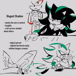 Size: 1600x1600 | Tagged: safe, artist:unhinged_sonic, shadow the hedgehog, sonic the hedgehog, 2024, crossover, english text, grey background, head rest, inside out, recolor, self paradox, simple background, sitting, trio, yawning