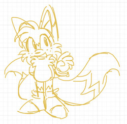 Size: 685x665 | Tagged: safe, artist:son1c, miles "tails" prower, cute, eyelashes, freckles, hands behind back, line art, looking offscreen, mouth open, sketch, smile, solo, standing, tailabetes, waving