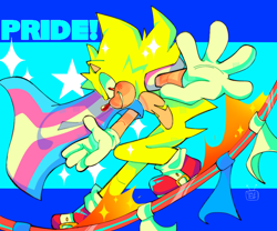 Size: 2048x1706 | Tagged: safe, artist:llegato, sonic the hedgehog, super sonic, abstract background, cape, clenched teeth, english text, looking at viewer, pride, rail grinding, railing, signature, smile, solo, sparkles, star (symbol), super form, thumbs up, top surgery scars, trans male, trans pride, transgender