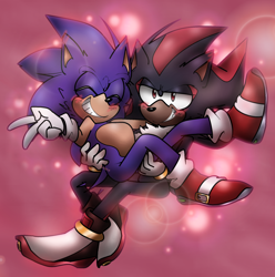 Size: 1966x1979 | Tagged: safe, artist:f0x-bite, shadow the hedgehog, sonic the hedgehog, 2020, blushing, carrying them, duo, eyes closed, gay, looking at viewer, pink background, shadow x sonic, shipping, simple background, smile, v sign