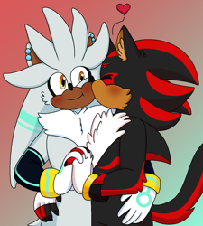 Size: 1224x1359 | Tagged: safe, artist:erasabledata, shadow the hedgehog, silver the hedgehog, 2020, arm fluff, blushing, chest fluff, cute, dark skin, duo, ear fluff, ear piercing, earring, eyes closed, fingerless gloves, gay, gradient background, heart, holding each other, holding hands, kiss on cheek, looking at them, shadow x silver, shipping, standing