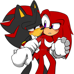 Size: 800x800 | Tagged: safe, artist:yenri, knuckles the echidna, shadow the hedgehog, 2016, blushing, clenched teeth, deviantart watermark, duo, flat colors, frown, gay, holding arm, holding hands, holding them, knuxadow, lidded eyes, looking at each other, obtrusive watermark, shipping, simple background, standing, transparent background, watermark