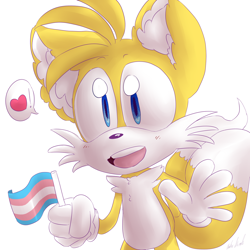 Size: 1280x1280 | Tagged: safe, artist:alomaire, miles "tails" prower, cute, ear fluff, exclamation mark, flag, heart, holding something, looking offscreen, mouth open, pride, pride flag, signature, simple background, smile, solo, standing, trans pride, transgender, white background