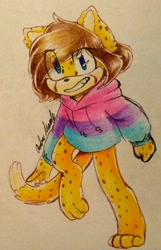 Size: 1136x1761 | Tagged: safe, artist:alomaire, oc, oc:alomair, cheetah, barefoot, bisexual, bisexual pride, clenched fist, clenched teeth, clothes, eye clipping through hair, eyebrow clipping through hair, hoodie, looking at viewer, oc only, paws, signature, smile, solo, standing on one leg, traditional media