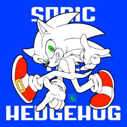 Size: 1500x1500 | Tagged: safe, artist:jkt_sonic, sonic the hedgehog, 2024, adventure pose, blue background, character name, simple background, smile, solo