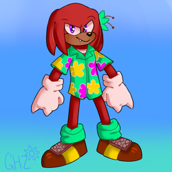 Size: 800x800 | Tagged: safe, artist:doubleboostz, knuckles the echidna, 2020, alternate outfit, beach outfit, cute, flower, flower in ear, gradient background, knucklebetes, lily (flower), looking at viewer, one fang, shirt, signature, smile, solo, standing