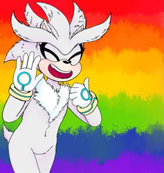 Size: 529x559 | Tagged: safe, artist:or8eez, silver the hedgehog, 2017, chest fluff, eyes closed, gay pride, mouth open, neck fluff, pointing, pride, pride flag background, smile, solo, stomach fluff, thumbs up