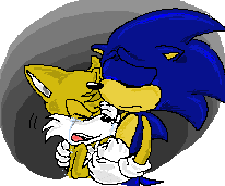 Size: 206x171 | Tagged: safe, artist:xxxxcosmoxxxx, miles "tails" prower, sonic the hedgehog, 2010, comforting, crying, duo, eyes closed, frown, hugging, mouth open, pixel art, tears, tears of sadness